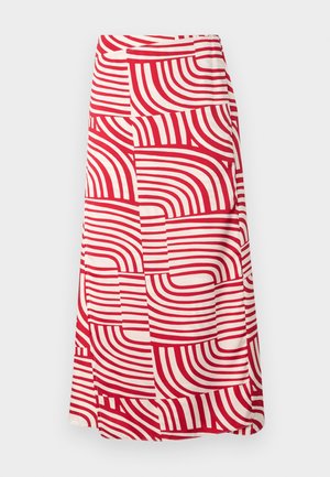 Jupe rouge et crème midi avec de larges rayures courbées de différentes largeurs, fabriquée dans un tissu doux au toucher lisse.
