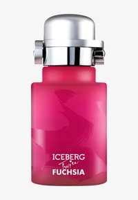 Fuchsia-färgad glasparfymsflaska med ett metalliskt silverlock. Har en slät yta och en konstnärlig penseldesign. Varumärket visas.