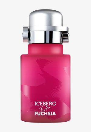 Fuchsia-färgad glasparfymsflaska med ett metalliskt silverlock. Har en slät yta och en konstnärlig penseldesign. Varumärket visas.