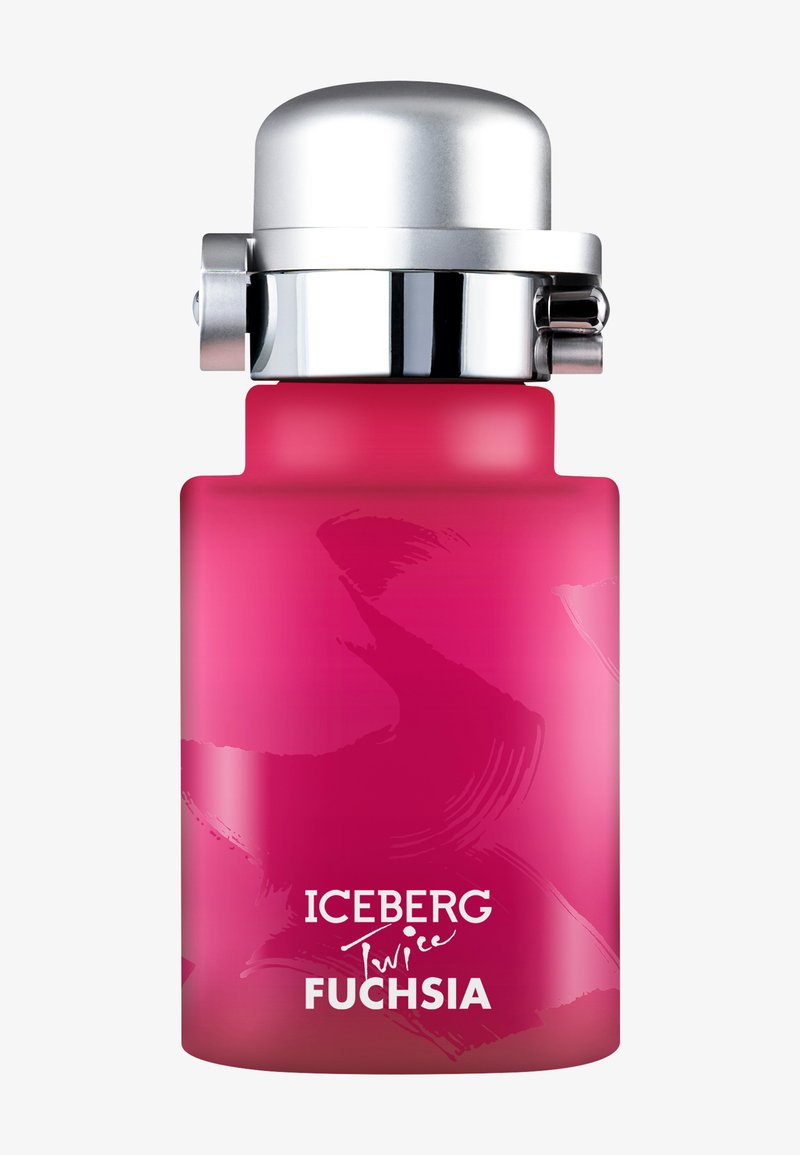 Fuchsia-färgad glasparfymsflaska med ett metalliskt silverlock. Har en slät yta och en konstnärlig penseldesign. Varumärket visas.