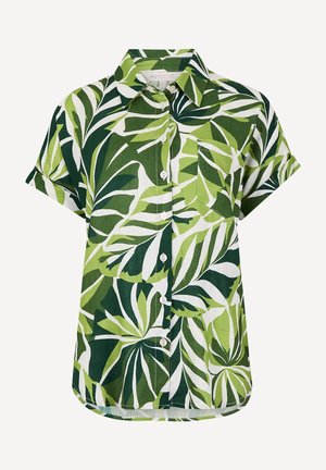 Kurzarm-Hemd mit Knopfleiste, grün-weißem tropischem Blattmuster und Brusttasche, auf weißem Hintergrund dargestellt.