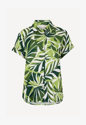 Kortermet skjorte med knapper, grønt og hvitt tropisk bladmønster og en brystlomme, vist på hvit bakgrunn.