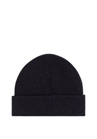 Gorro de punto en un oscuro azul marino con textura acanalada, que presenta un dobladillo plegado y una parte superior lisa y sin costuras.