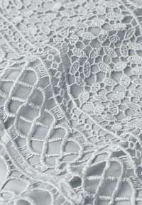 Krajková tkanina v světle modré barvě, která se vyznačuje složitými květinovými a geometrickými vzory s vyvýšenou výšivkou a hladkým, jemným povrchem.