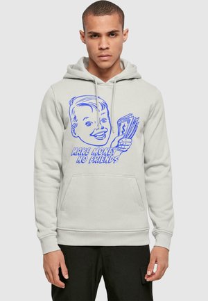 Light gray hoodie with a front pocket, featuring bold blue graphic text and an illustration of a smiling boy holding cash.