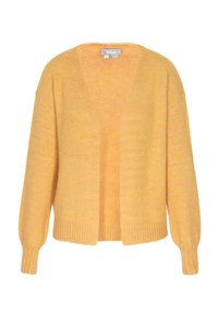 Cardigan giallo a maglia con scollatura a V, spalle scese e orlo a costine. La morbida trama presenta un aspetto leggero e leggermente peloso.