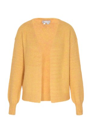 Gelb gestrickte Strickjacke mit V-Ausschnitt, abgesenkten Schultern und geripptem Saum. Die weiche Textur hat ein leichtes, leicht fusseliges Aussehen.