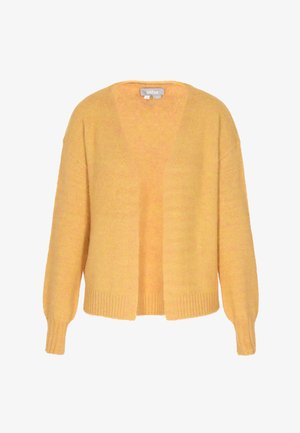 Geel gebreid vest met een V-hals, verlaagde schouders en geribbelde zoom. De zachte textuur heeft een lichte, iets fuzzy uitstraling.