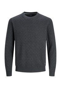 Pull gris foncé avec un motif en diamants texturé, col ras du cou et poignets côtelés. Fabriqué en tissu doux, il présente un petit logo à l'ourlet.