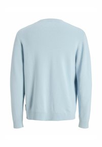 Light blue sweater made of soft fabric with a crew neckline, long sleeves, and a ribbed hem. Smooth texture with no visible patterns.