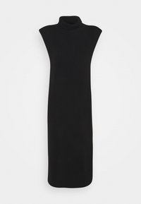 Robe noire sans manches en maille, dotée d'un col montant, d'une silhouette ajustée et d'un ourlet côtelé, conçue dans un tissu doux et texturé.