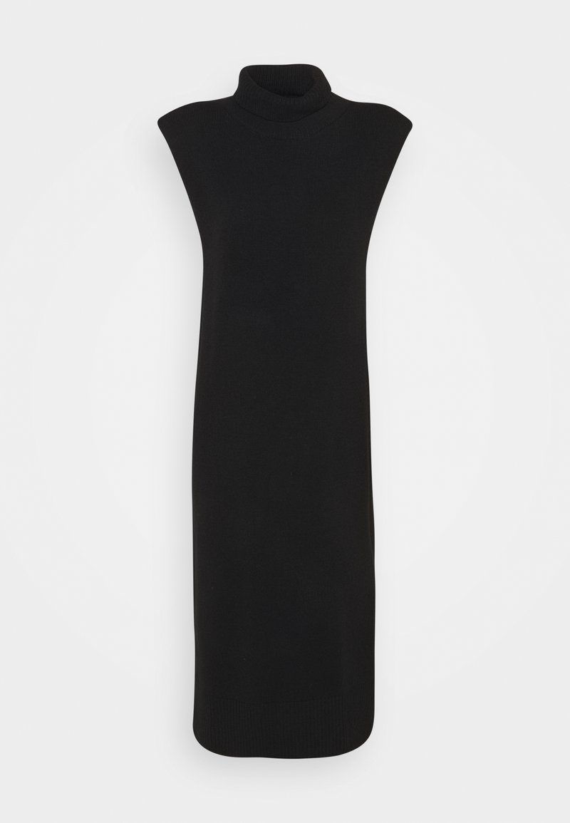 Robe noire sans manches en maille, dotée d'un col montant, d'une silhouette ajustée et d'un ourlet côtelé, conçue dans un tissu doux et texturé.