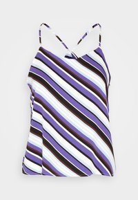Top senza maniche a righe nei colori viola, blu, nero e bianco. Realizzato in tessuto leggero con spalline regolabili e una vestibilità morbida.