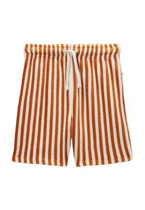 Shorts longueur genou avec rayures verticales orange et blanches, taille élastique et cordon blanc à nouer à l'avant.