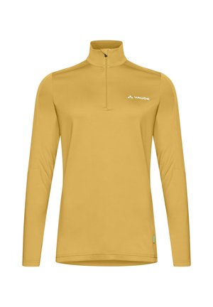 Langärmliger senfgelber Pullover mit Viertelreißverschluss und hohem Kragen, ausgestattet mit kleinem weißen Vaude-Logo auf der Brust.