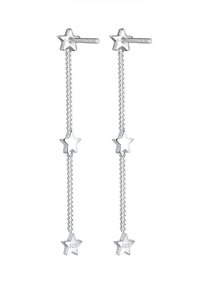 Silberne Sternen-Drop-Ohrringe mit einem Ketten-Design, zwei Sternen am Boden und einem Steckverschluss. Geprägt mit "925" für Sterlingsilber.