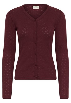 Bordeaux cardigan met een V-hals, lange mouwen en knoopsluiting. Geweven textuur met een patroon bevat kleine openingen door de stof.