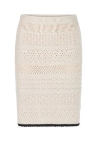 Strick-Midirock in Creme, mit einem strukturierten Muster aus Streifen, Löchern und Wellen; einfarbiger schwarzer Saum. Elastischer Bund für eine gute Passform.