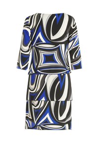 Ärmelloses, mehrfarbiges Kleid mit einem geometrischen Muster in Blau, Schwarz, Weiß und Grau, mit drei Viertel langen Ärmeln und einem geschichteten Saumdesign.