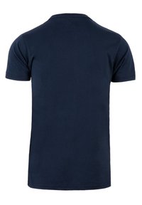 Marineblauwe katoenen t-shirt met korte mouwen, ronde hals, een gladde textuur en geen zichtbare patronen of logo's op de achterkant.