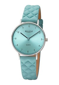 Montre en quartz aqua avec boîtier rond en argent, bracelet en cuir aqua texturé, cadran minimaliste et index horaires noirs.