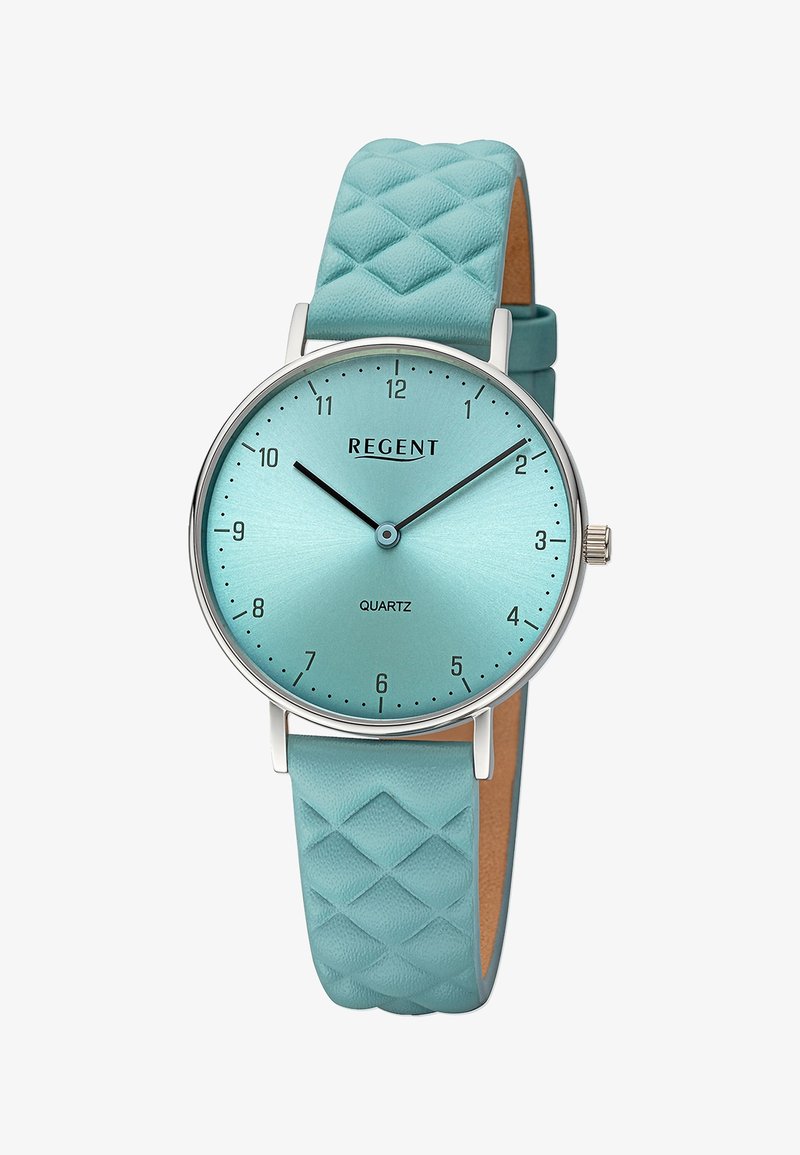 Montre en quartz aqua avec boîtier rond en argent, bracelet en cuir aqua texturé, cadran minimaliste et index horaires noirs.