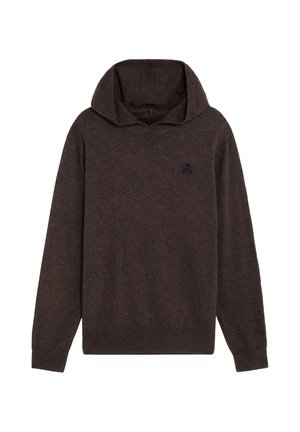 Sudadera con capucha de manga larga en marrón oscuro con puños y bajo acanalados, con un pequeño logo de calavera en el lado izquierdo del pecho.