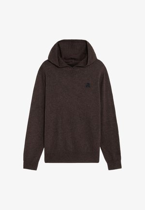 Sudadera con capucha de manga larga en marrón oscuro con puños y bajo acanalados, con un pequeño logo de calavera en el lado izquierdo del pecho.