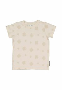 Kortærmet creme T-shirt lavet af blød bomuld, med et tonet blomsterdesign og en rund halsudskæring. Etiket placeret på venstre side.