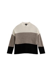 Pull en maille à manches longues avec des blocs de couleur horizontaux en crème, marron clair et noir, doté d'un col rond.