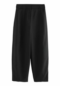 Culotte nere, sartoriali, realizzate in un tessuto morbido, con pieghe davanti, una cintura piatta e un design a gamba larga e cropped.