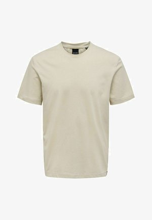 Jasno beżowa bawełniana koszulka z okrągłym dekoltem i krótkimi rękawami. Charakteryzuje się prostym krojem i minimalistycznym stylem, idealna do codziennego noszenia.