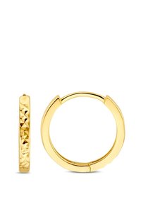 Boucles d'oreilles en or en forme d'anneau, présentant un design texturé et facetté d'un côté et une surface lisse de l'autre, affichant une forme circulaire.