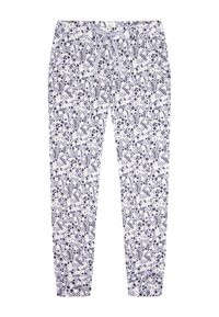 Floral-patroon pyjamabroek met een witte basis en marineblauwe bloemen, elastische tailleband en verstelbaar trekkoord voor extra comfort.