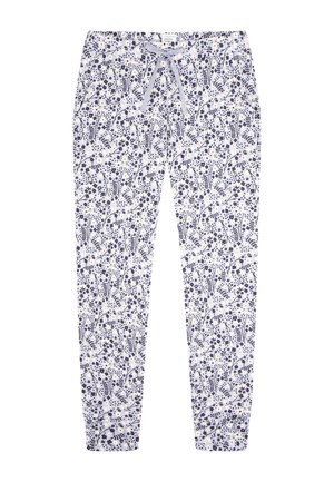 Blommönstrade pyjamasbyxor med vit botten och marinblå blommor, elastisk midja och justerbar dragsko för komfort.