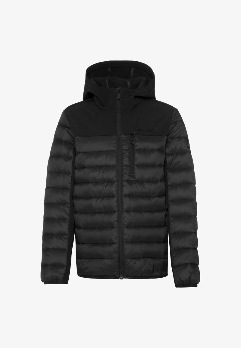 Giacca nera imbottita con zip frontale, cappuccio e una texture liscia. Presenta una parte superiore nera uniforme e una tasca sul petto con zip.