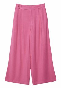 Pantalon large rose en tissu léger, doté d'une taille haute, de plis subtils et de poches latérales.