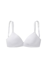 White, triangle-shaped bra with thin, adjustable straps. Smooth fabric texture, no padding, and seamless design suitable for everyday wear.