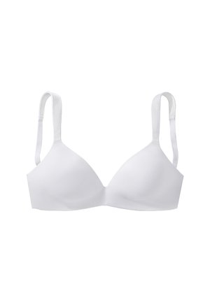 Weißer, dreieckiger BH mit dünnen, verstellbaren Trägern. Glattes Material, ohne Polsterung und nahtloses Design, geeignet für den täglichen Gebrauch.