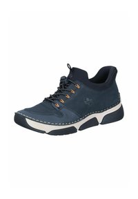 Dark blue athletic shoe with textured side panels, contrasting cream sole, decorative stitching, and adjustable lace system.