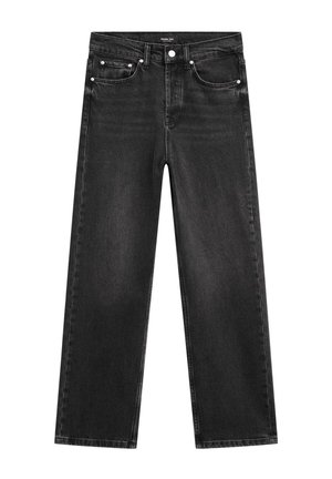 Sorte straight-leg jeans med høj talje, fem lommer, sølvfarvet hardware og en blød denimtekstur.