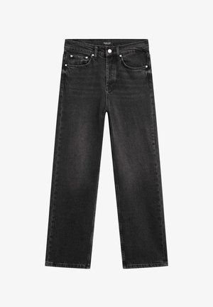 Schwarze gerade Jeans mit hoher Taille, fünf Taschen, silberfarbener Hardware und weichem Denimstoff.