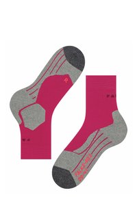 Chaussettes grises et fuchsia avec un motif hexagonal, texture côtelée et un orteil gris foncé. Caractéristiques "R" pour le pied droit sur une chaussette.
