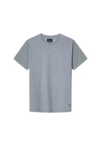 Šedé pruhované tričko s krátkými rukávy, kulatým výstřihem a logem na lemu. Měkká tkanina se hladkým povrchem.