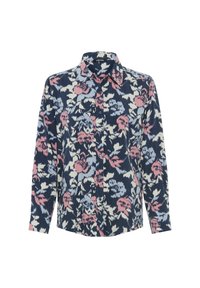 Blumenhemd mit Knopfverschluss, das einen marineblauen Hintergrund mit rosa und hellblauen Blumen aufweist. Es hat einen Kragen und lange Ärmel mit geknöpften Manschetten.
