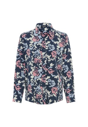 Bloemen overhemdbloes met een marineblauwe achtergrond en rozen- en lichtblauwe bloemen. Het heeft een kraag en lange mouwen met knoopmanchetten.