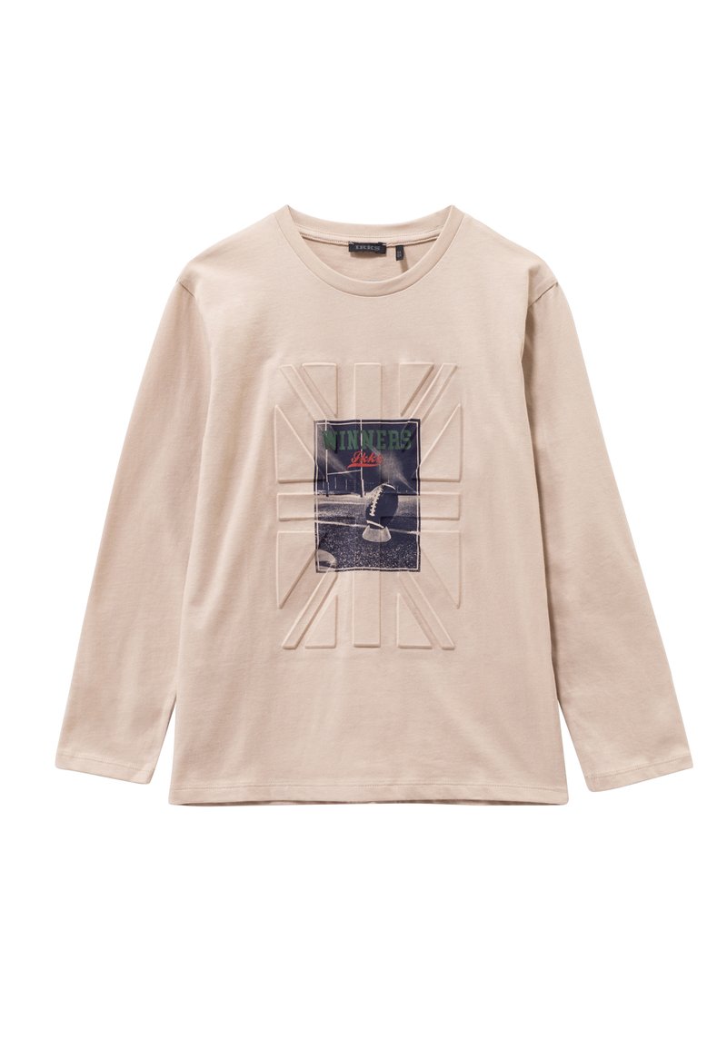 Beige langslurf t-shirt van katoen, met een centrale grafische print van een voetbalafbeelding en de tekst "Winners." Textuurdetail rondom de print.