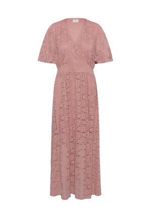 Midi haljina od ružičaste čipke s kratkim lepršavim rukavima, dubokim V-izrezom, pripijenim strukom i detaljima s cvjetnim uzorkom.