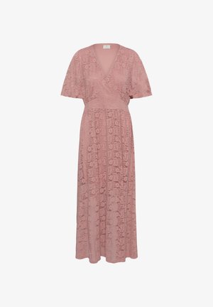 Vestido midi de encaje rosa polvoriento con mangas cortas acampanadas, escote en V profundo, cintura ceñida y detalles de patrón floral.