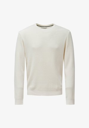 Bijela dugačka pamučna pletena majica s dugim rukavima, okruglim izrezom i rebrastim manžetama i rubom, prikazana na jednobojnoj bijeloj pozadini.